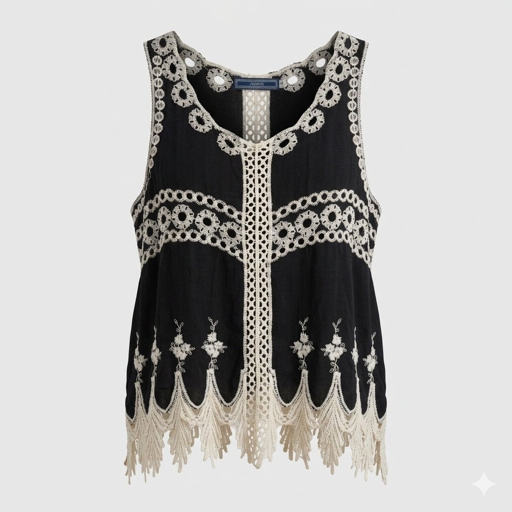 Highness Black Cream Embroidered Eyelet Lace Layering Tank Top L/XL Romantic Y2K